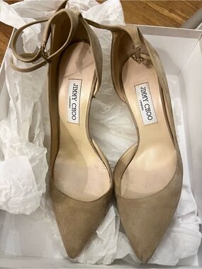 Jimmy Choo Lucy 85 Nude Suede Ankle Strap Pumps Heels EU 40